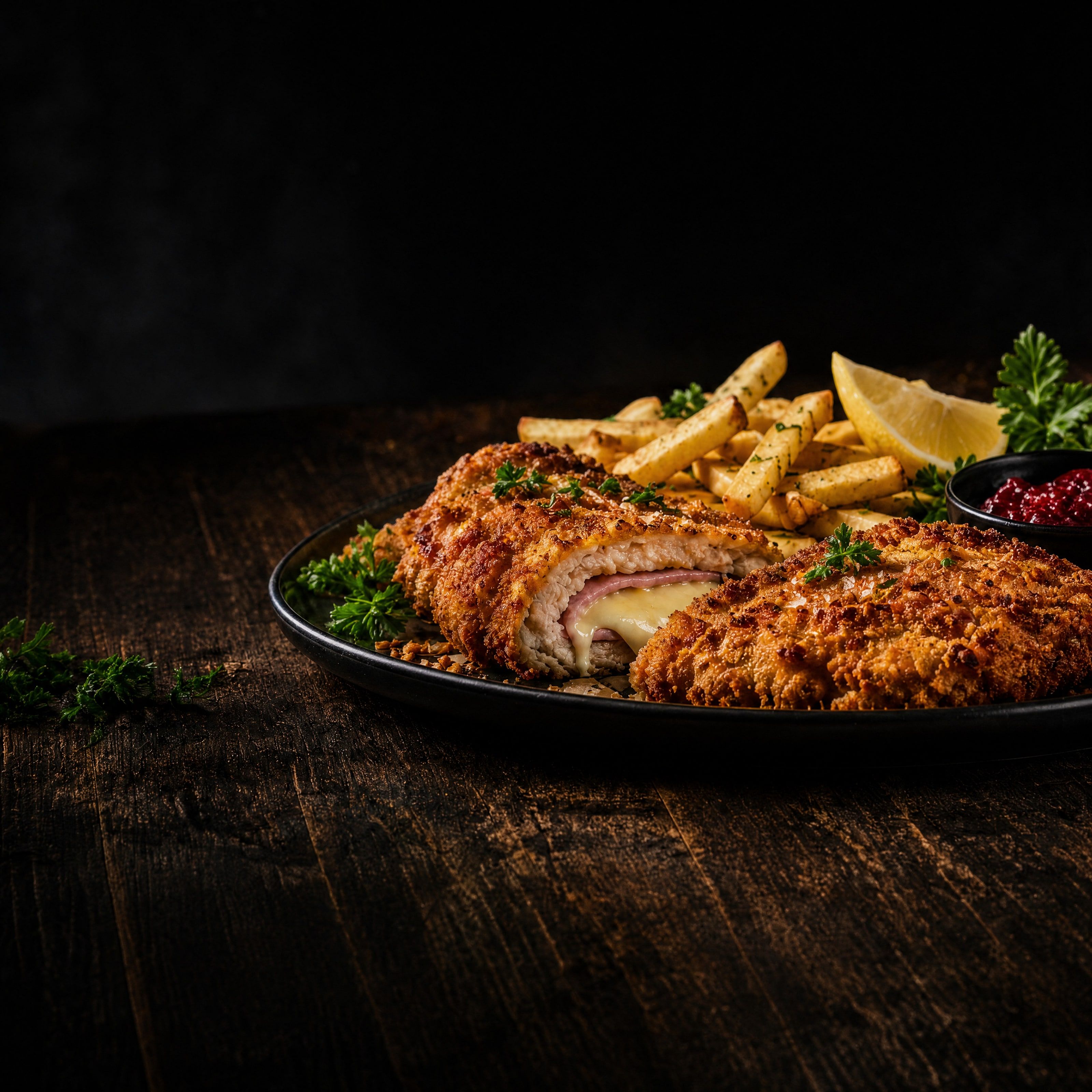 XXL-Cordon-bleu mit Pommes und Preiselbeeren